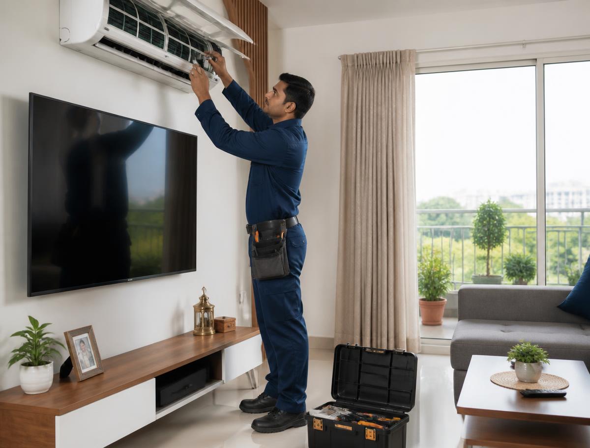 Technician servicing an LG air conditioner and LED TV in a home in Virar East